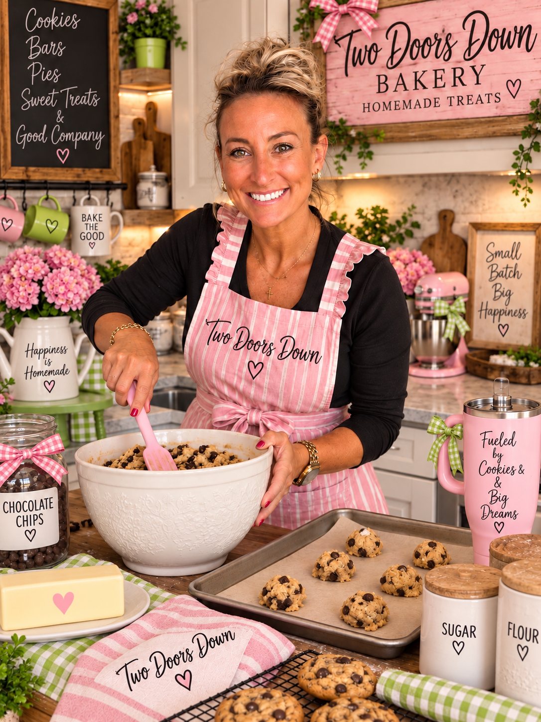 Caroline mixing chocolate chip cookie dough in her kitchen